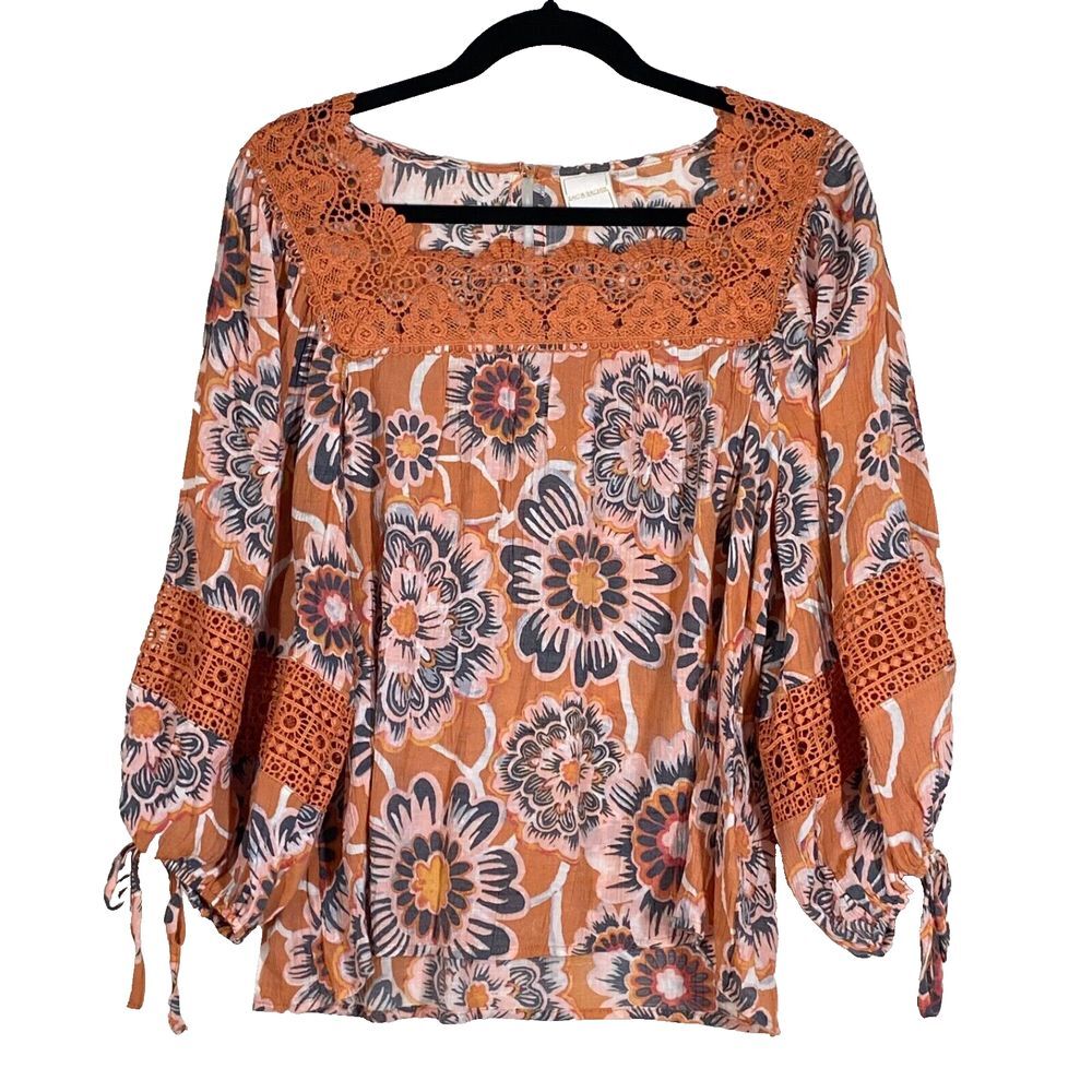 Zac & Rachel Womans Large‎ 3/4 Sleeve Crochet Lace Trim Shirt Blouse
